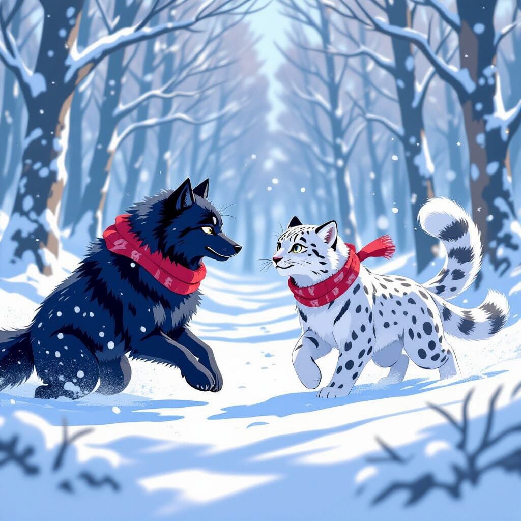 Anime Wolf and Leopard in Winter Forest