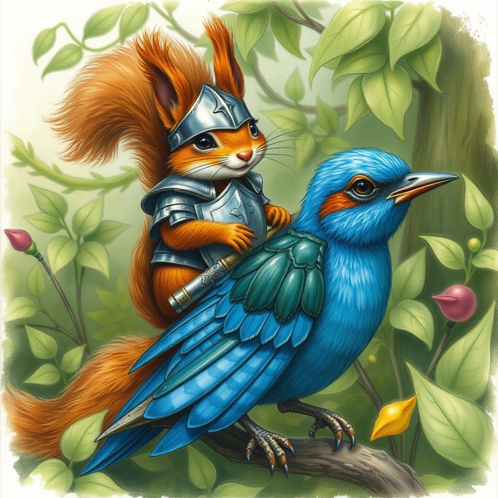 Whimsical Squirrel Knight on Majestic Bluebird