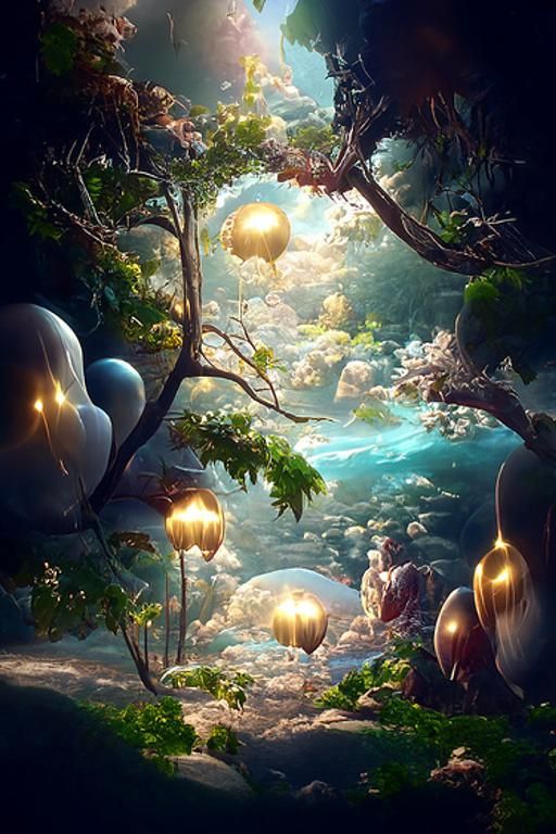Luminous Fantasy Valley with Golden Lanterns: Digital Painti...