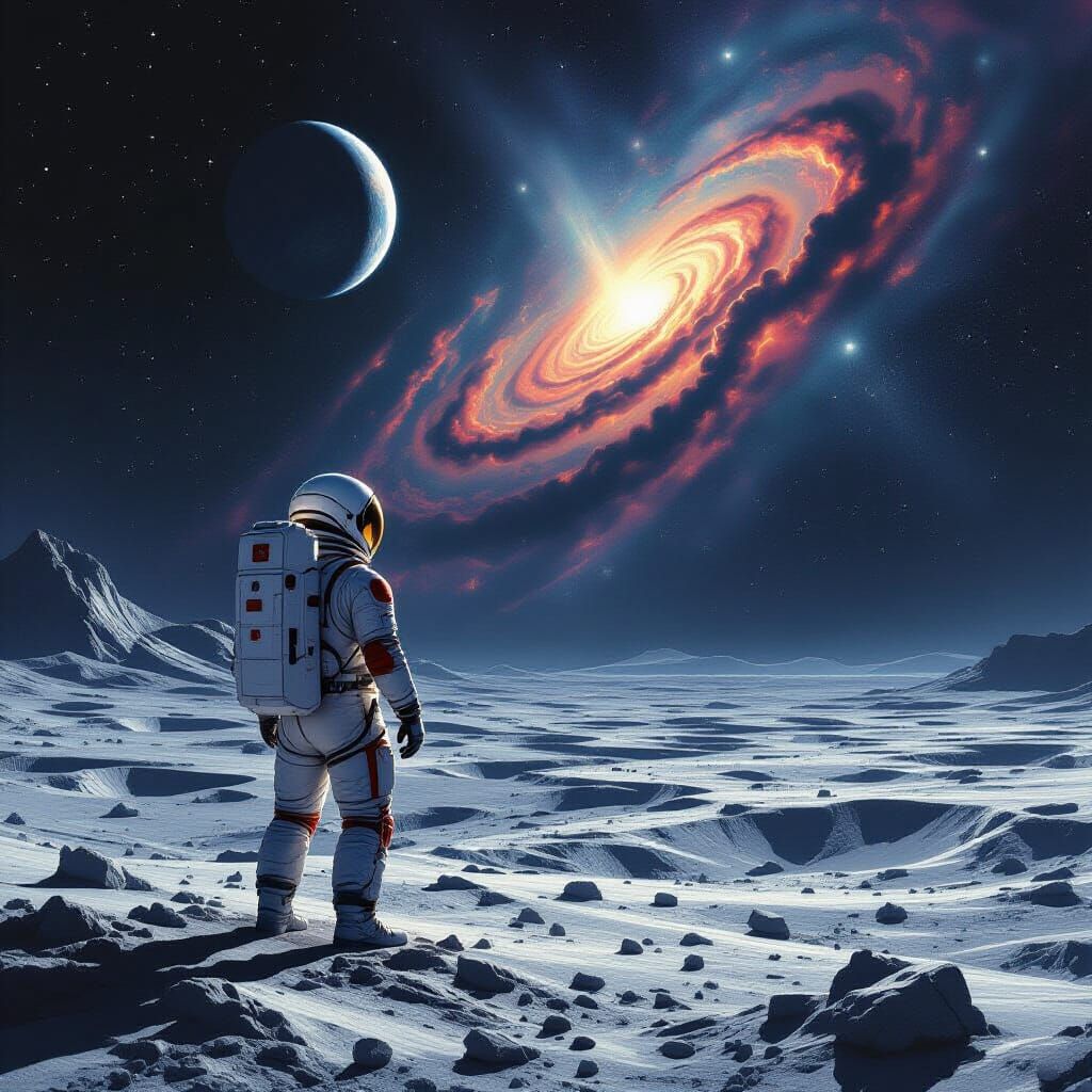 Astronaut on Moon Gazing at Nebula in Detailed Realism