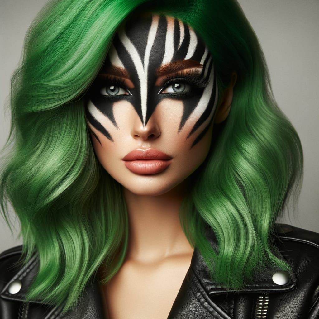 Vibrant Irish Woman with Green Hair and Zebra Stripe Face Pa...