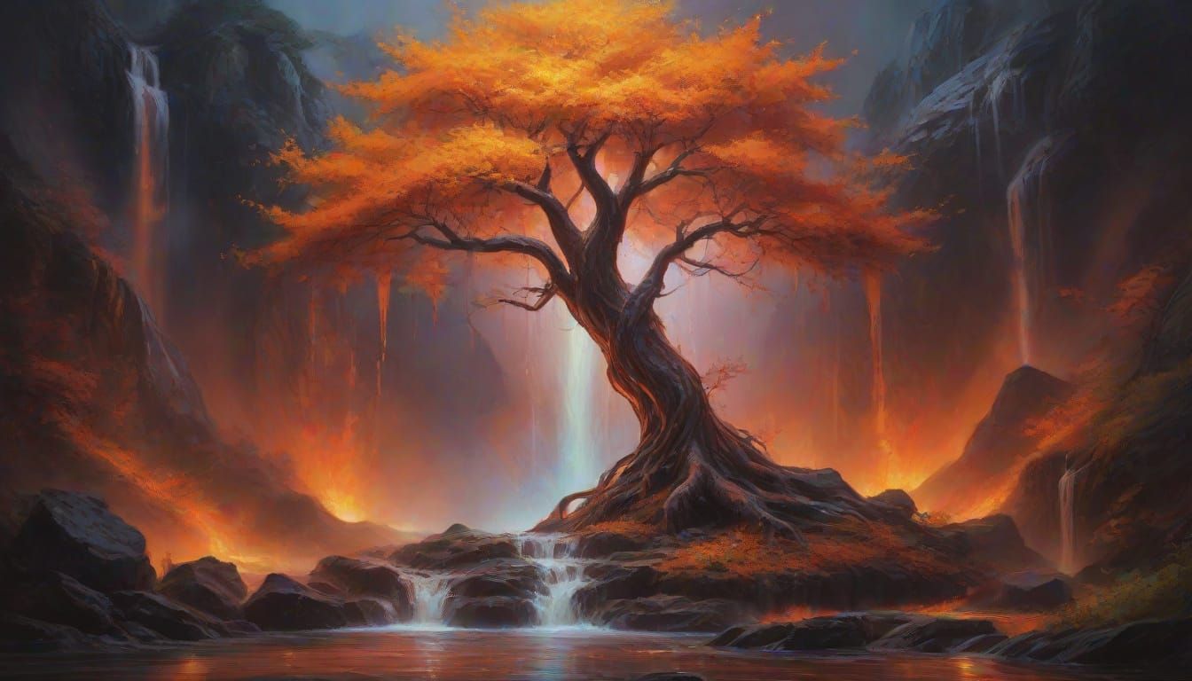Fantasy Tree Ignites in Dark Oil Painting Splendor