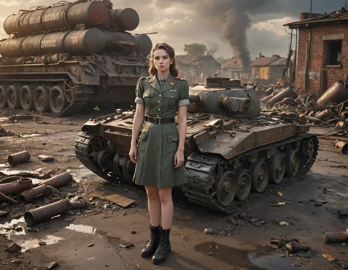 Dieselpunk Soldier Girl with Panzer Tank
