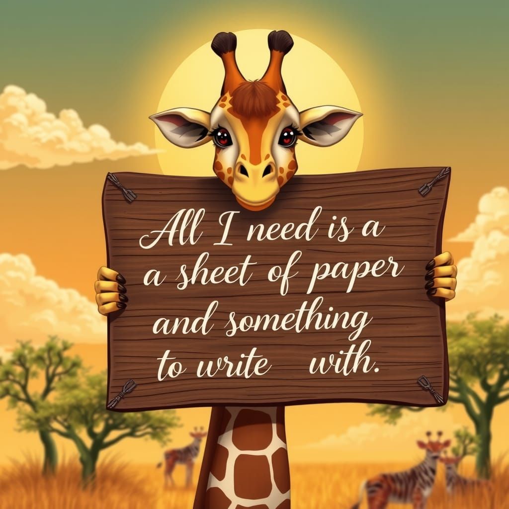 Humanoid Giraffe Holding Calligraphy Sign in Whimsical Style