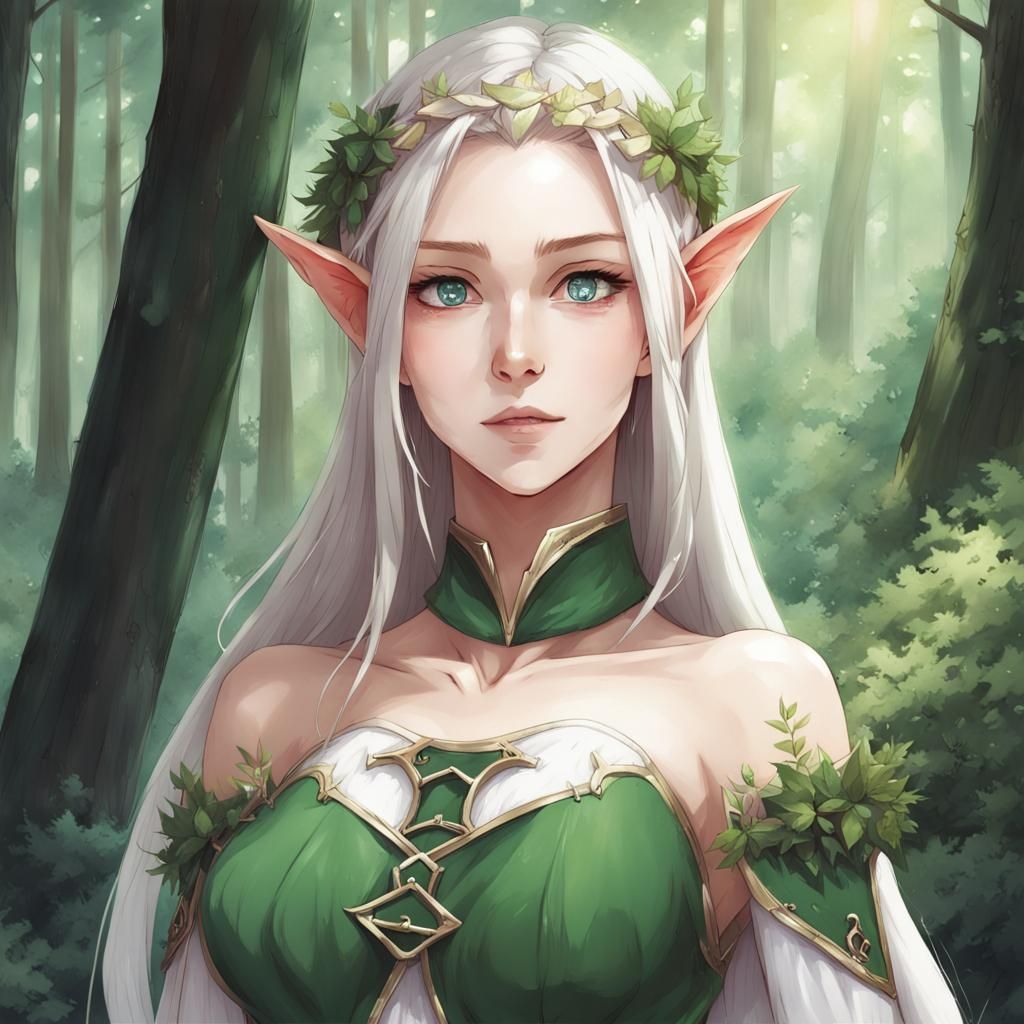 Enchanting Elf in Forest: Anime-Inspired Illustration