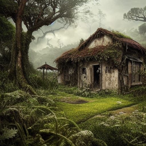 Overgrown Abandoned Village: Dramatic Digital Matte Painting