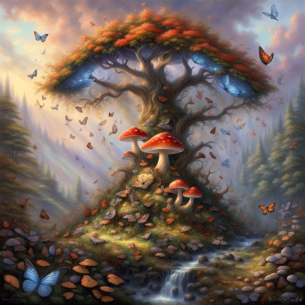Ethereal Mushroom Tree with Butterflies in Fantasy Landscape