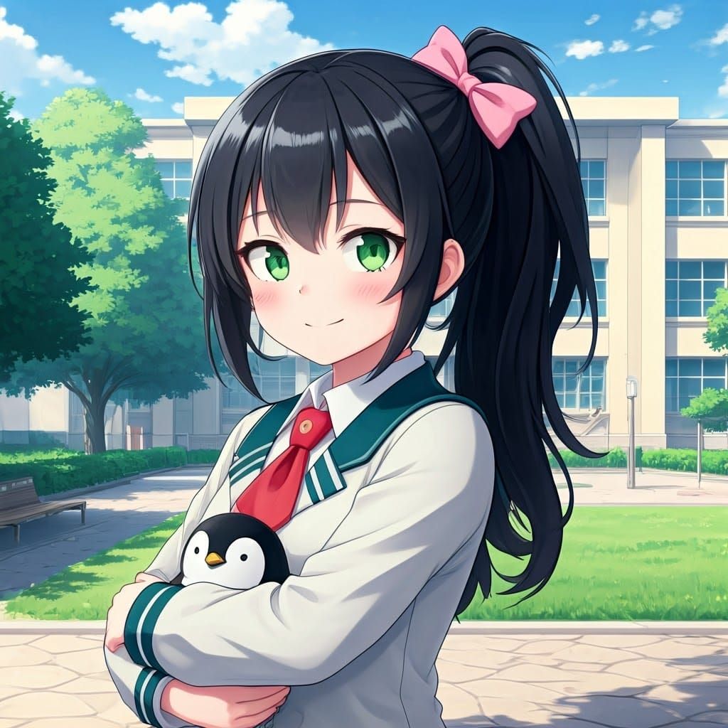 Anime Girl with Penguin in School Courtyard