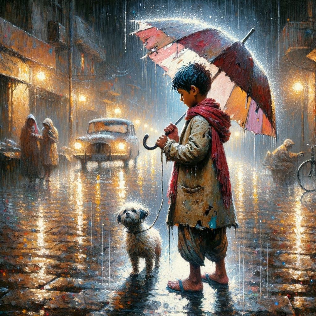 South Asian Boy with Dog in Rainy Street, Impasto