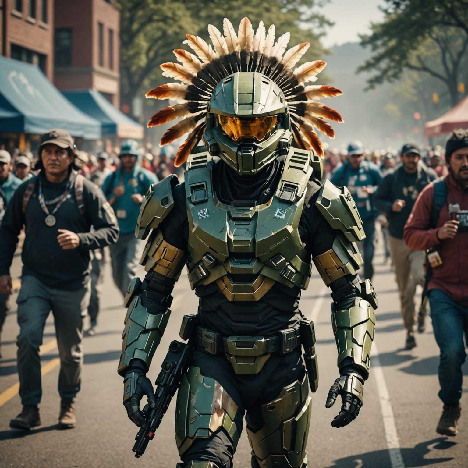 Master Chief in Native Headdress Runs Marathon Cinematically