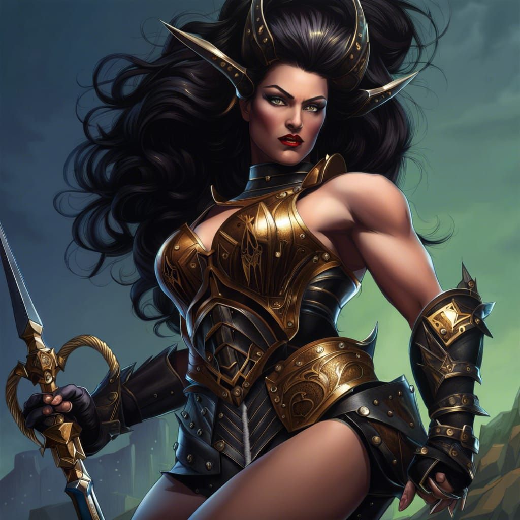 Muscular Villainess in Spiked Golden Armor