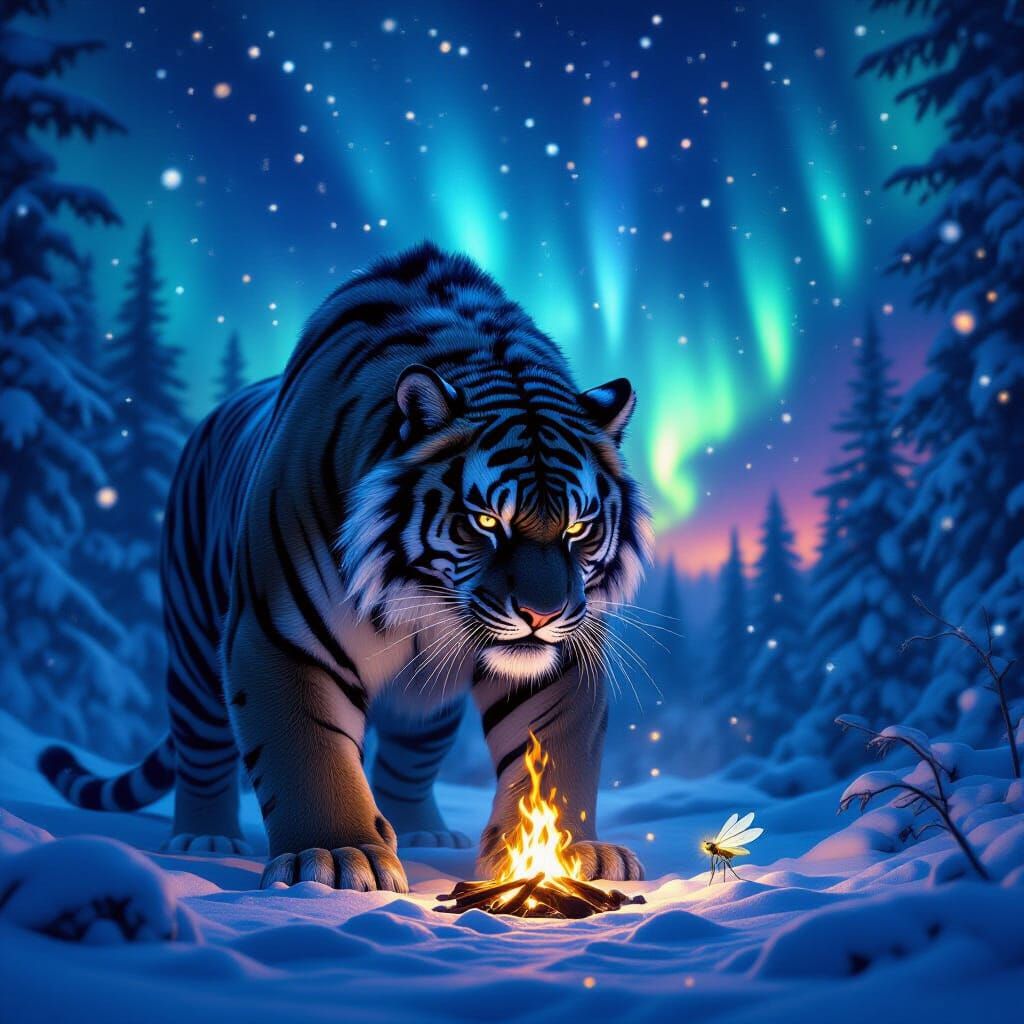 Dark Fantasy Sabertooth Tiger Protecting Firefly