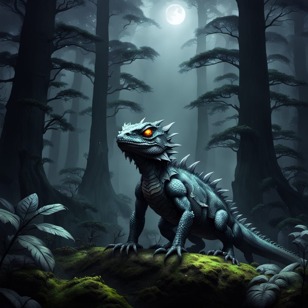 Mythical Dragon Lizard in Foggy Forest