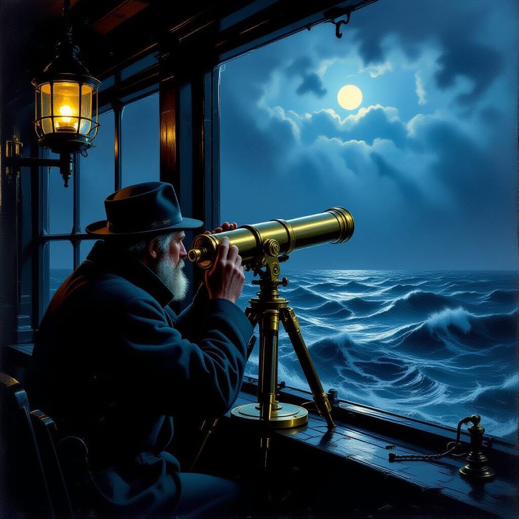 Lighthouse Keeper Polishing Telescope in Stormy Seas