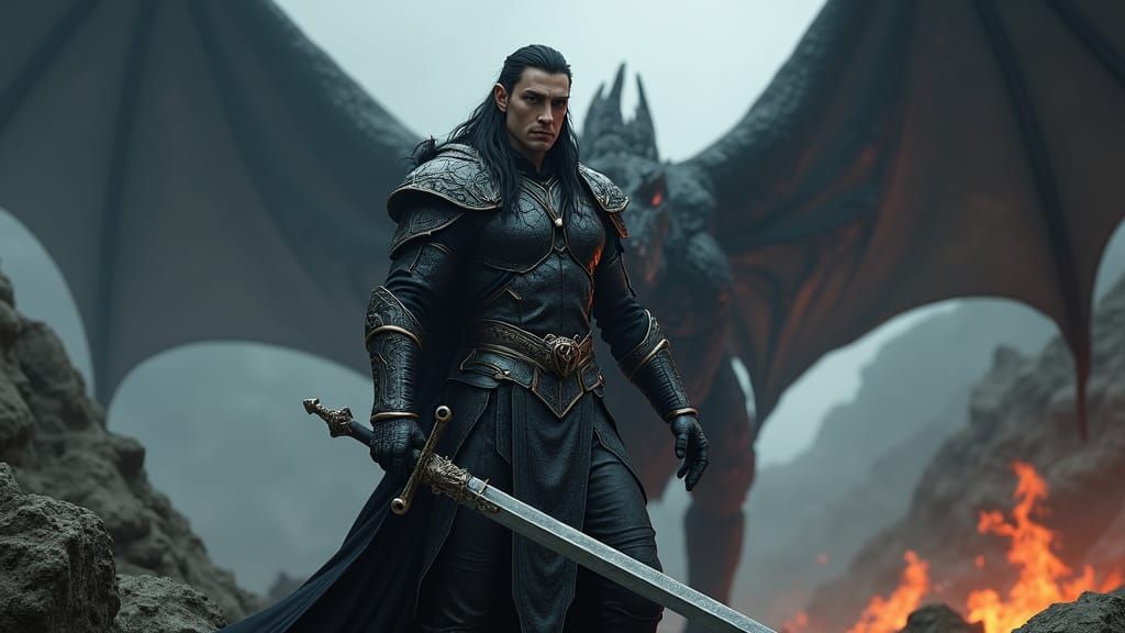 Elven Warrior with Dragon, 3D Rendered