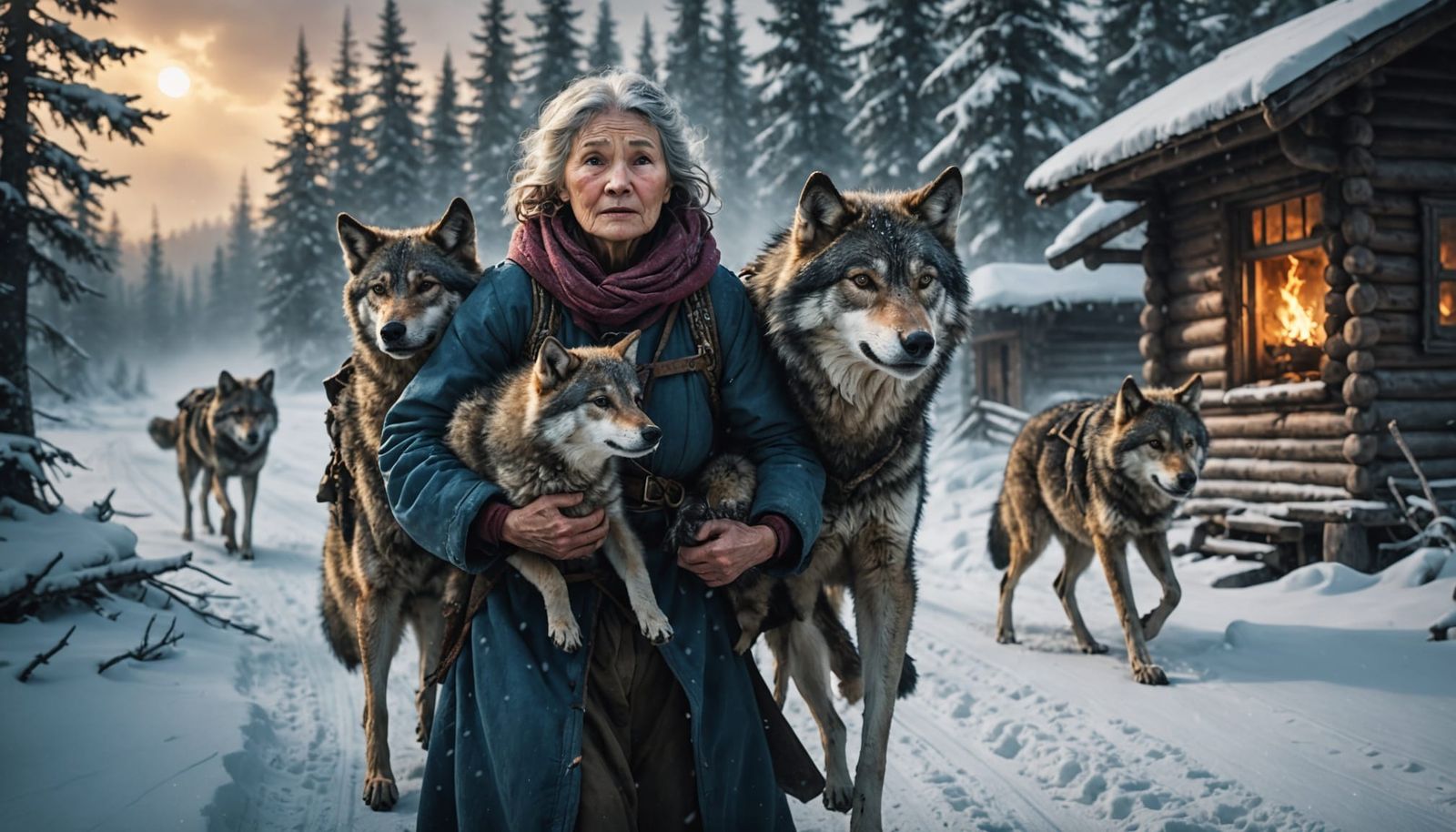 Elderly Woman Carries Wolf Through Taiga Blizzard