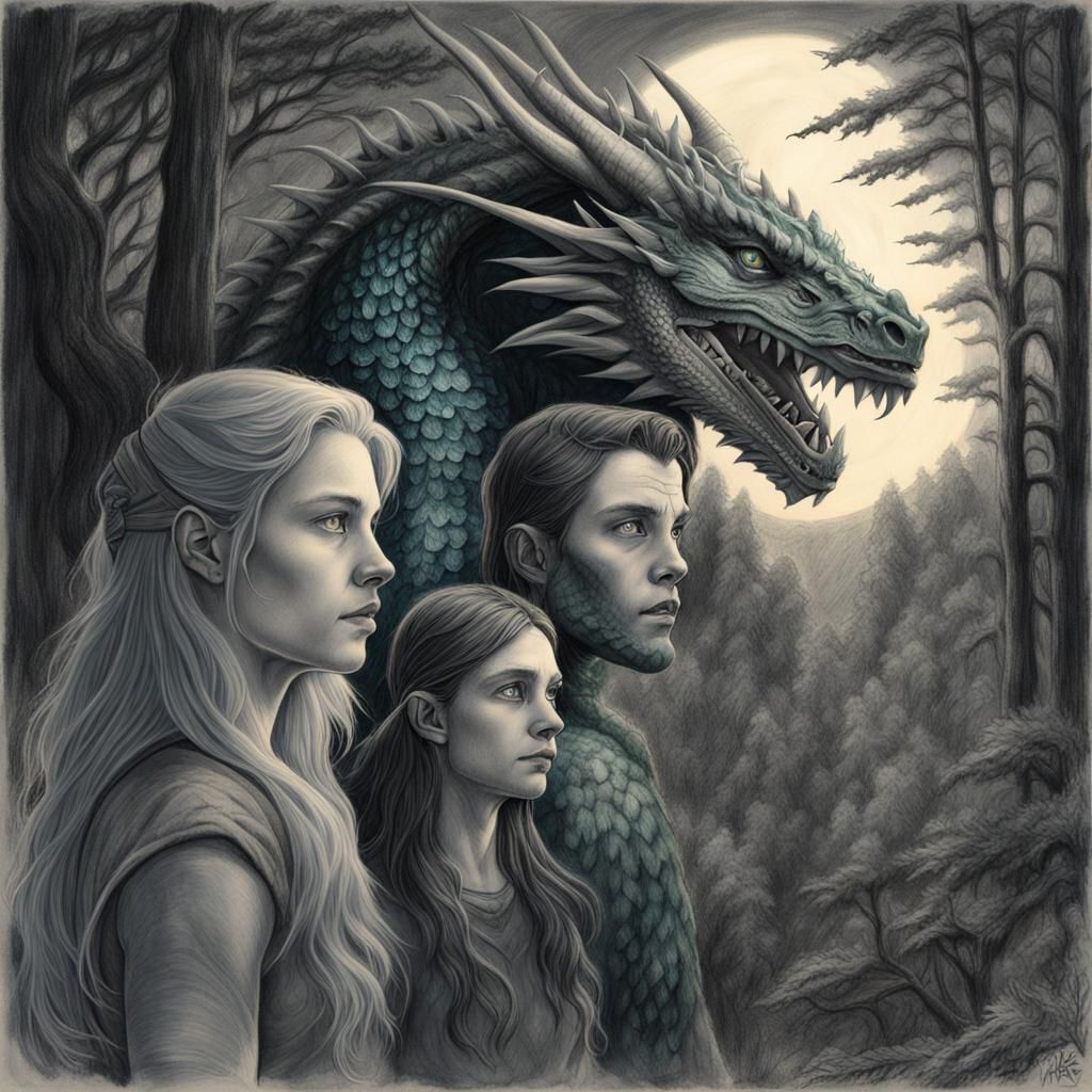 Mystical Forest Encounter: Woman, Dragon, and Man