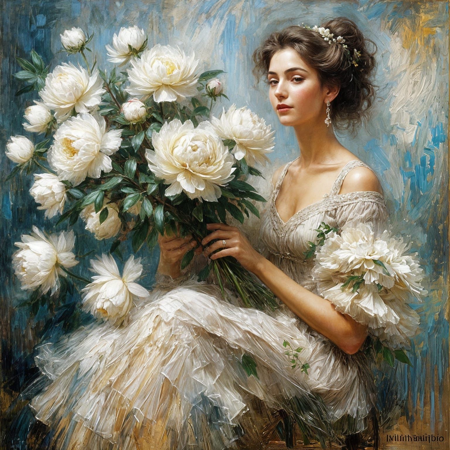 Woman with Peonies: Impressionist Oil Painting