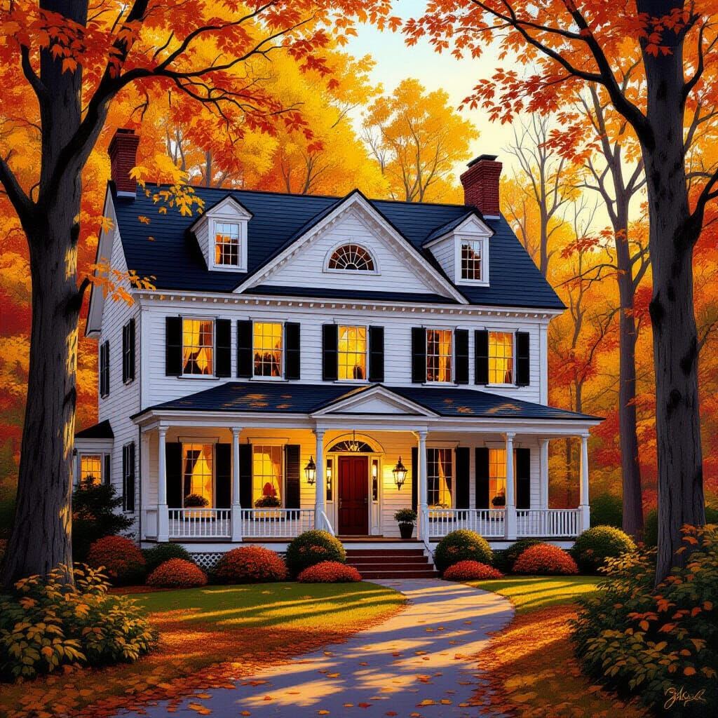 Classic Colonial House in Autumn Forest Oil Painting