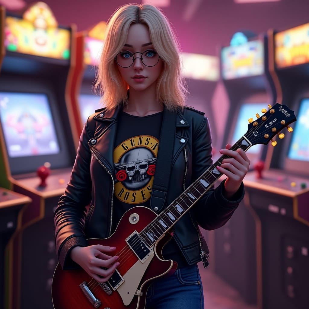 Rock Star Woman with Guitar in Arcade