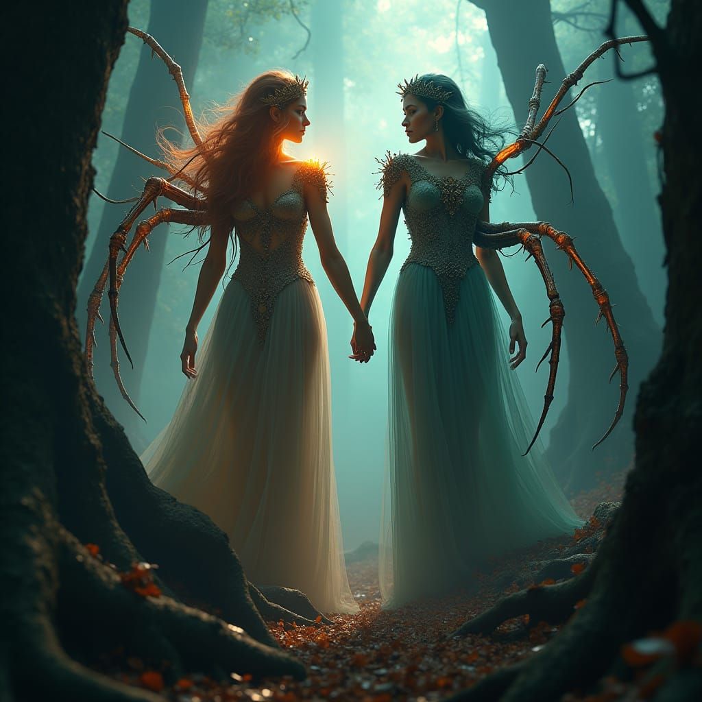 Mystical Women Transform into Spiders in Art Nouveau Style