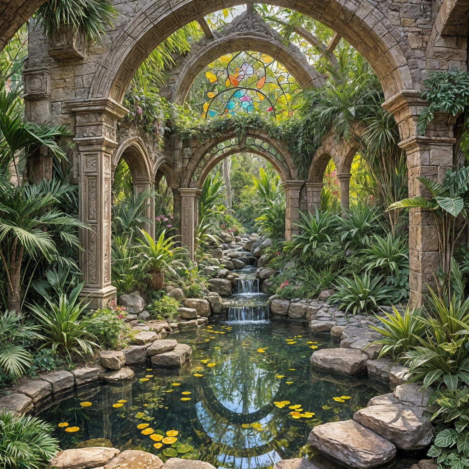 Surreal Oasis Masterpiece with Exotic Plants and Water Featu...