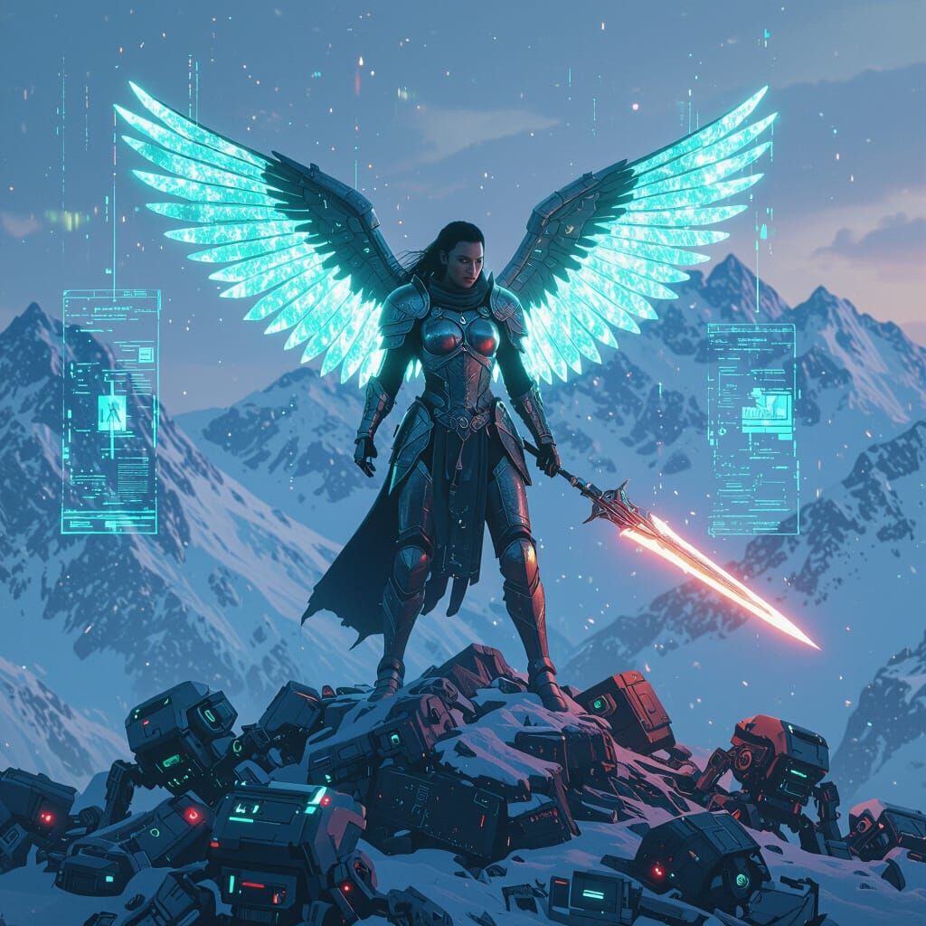 Valkyrie Victorious Over Robot Mountain in Cinematic Style