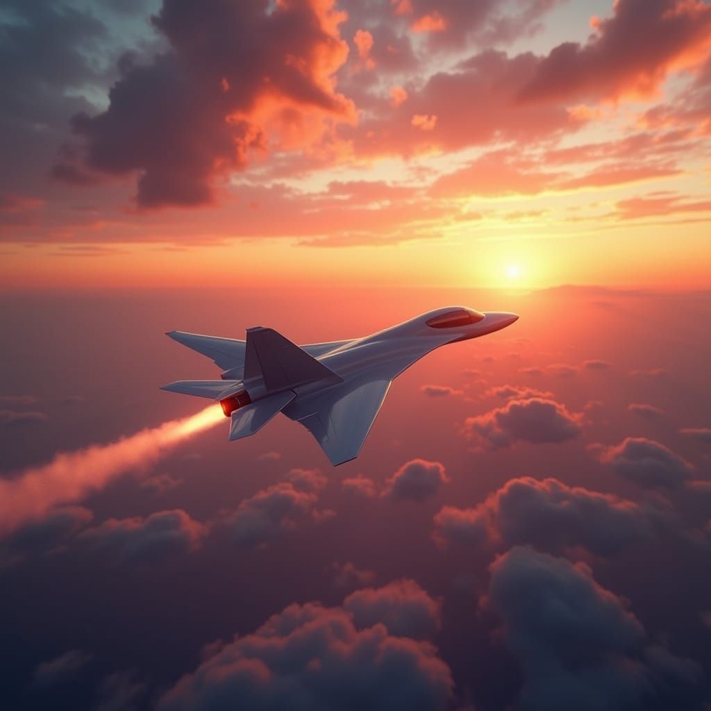 Sleek Jet Plane Soars Through Fiery Sunset Sky