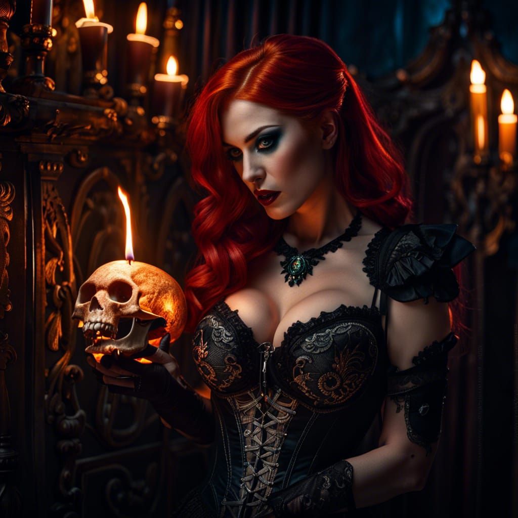 Redhead Vampire with Skull in Gothic Setting