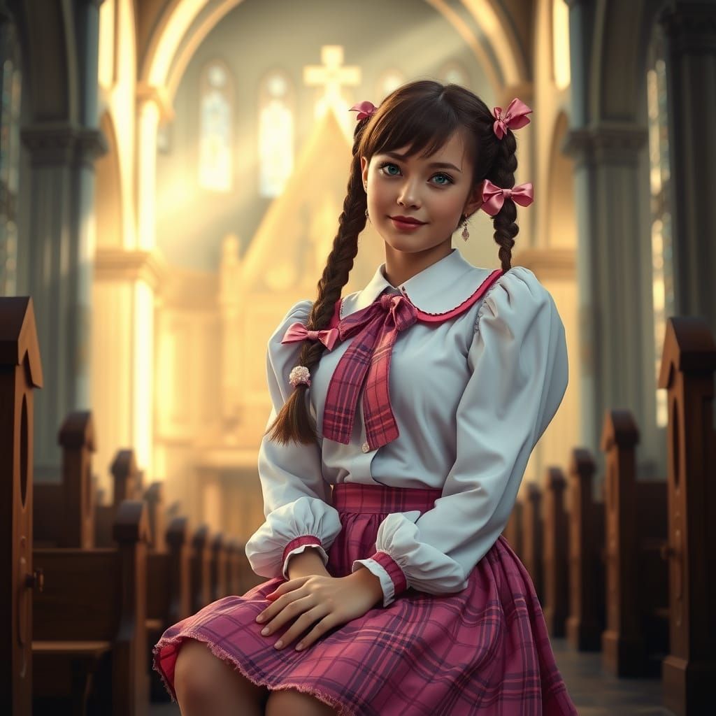 Gentle Girl in Prayerful Pink Attire in a Serene Church Sett...