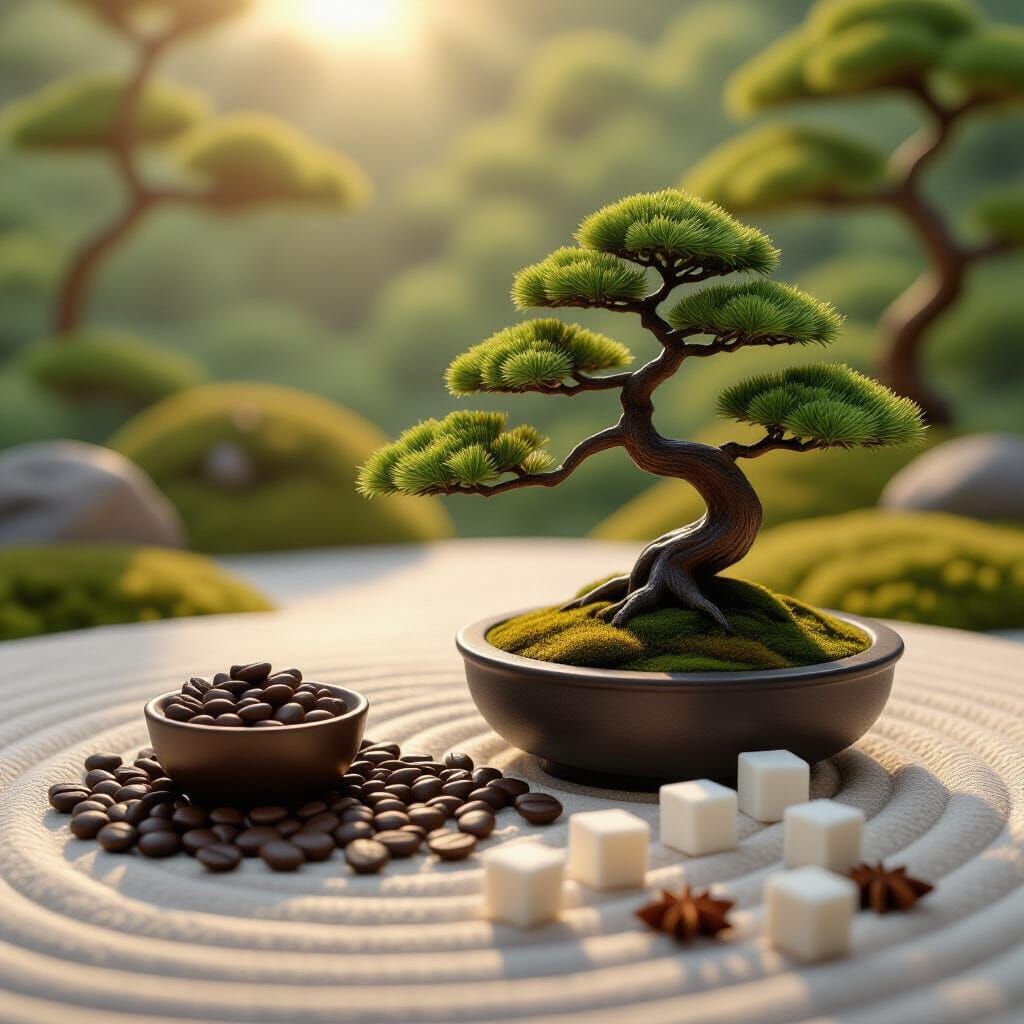 Zen Garden of Coffee Beans and Sugar Cubes
