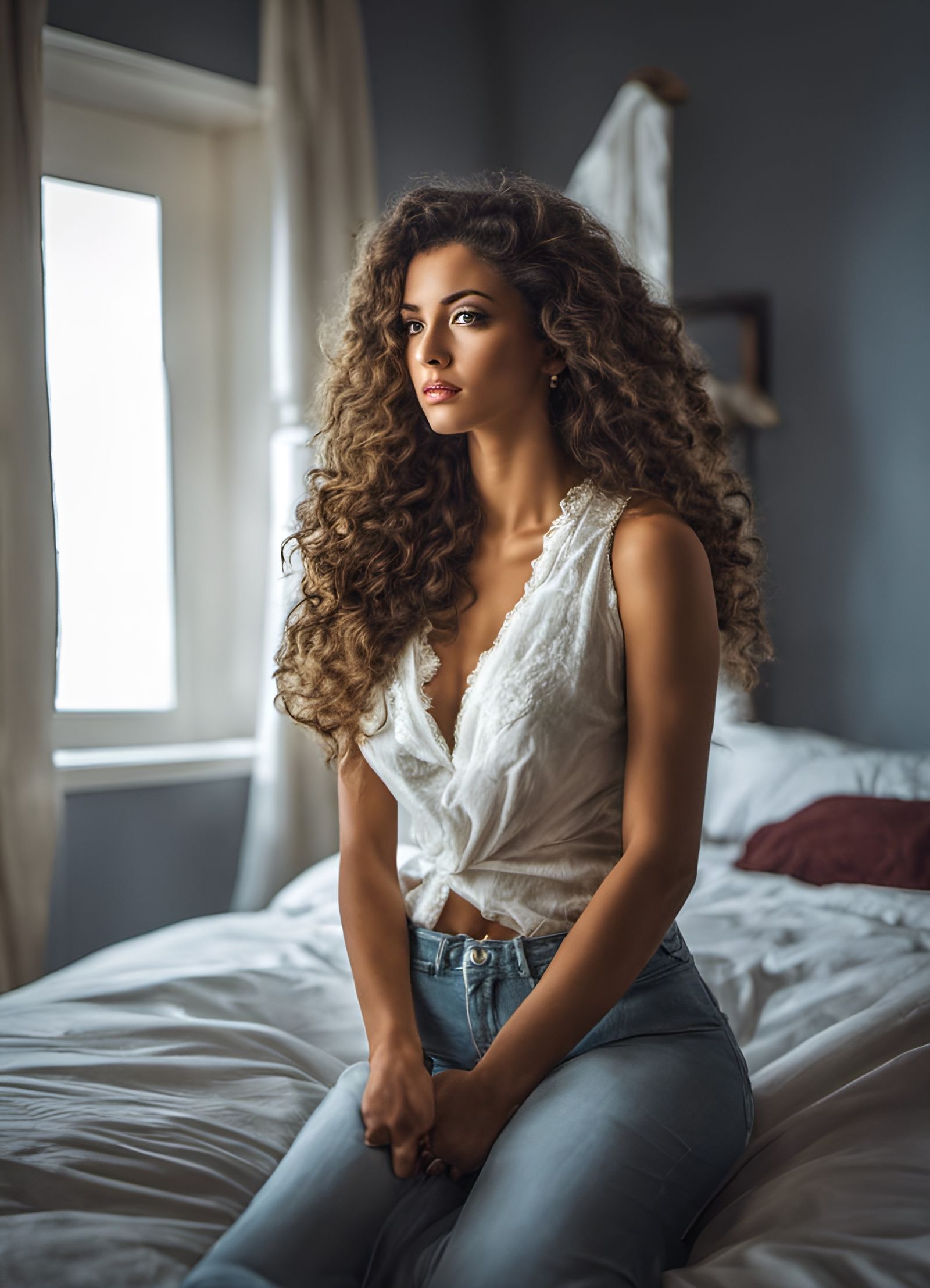 Woman with Long Hair Sitting on Bed