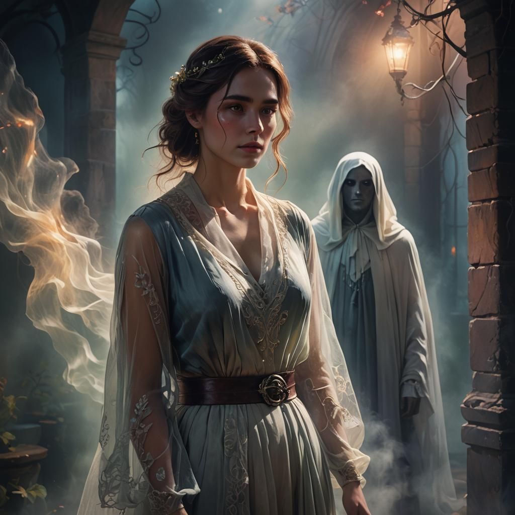 Ethereal Encounter: Woman and Ghost in Dramatic Lighting
