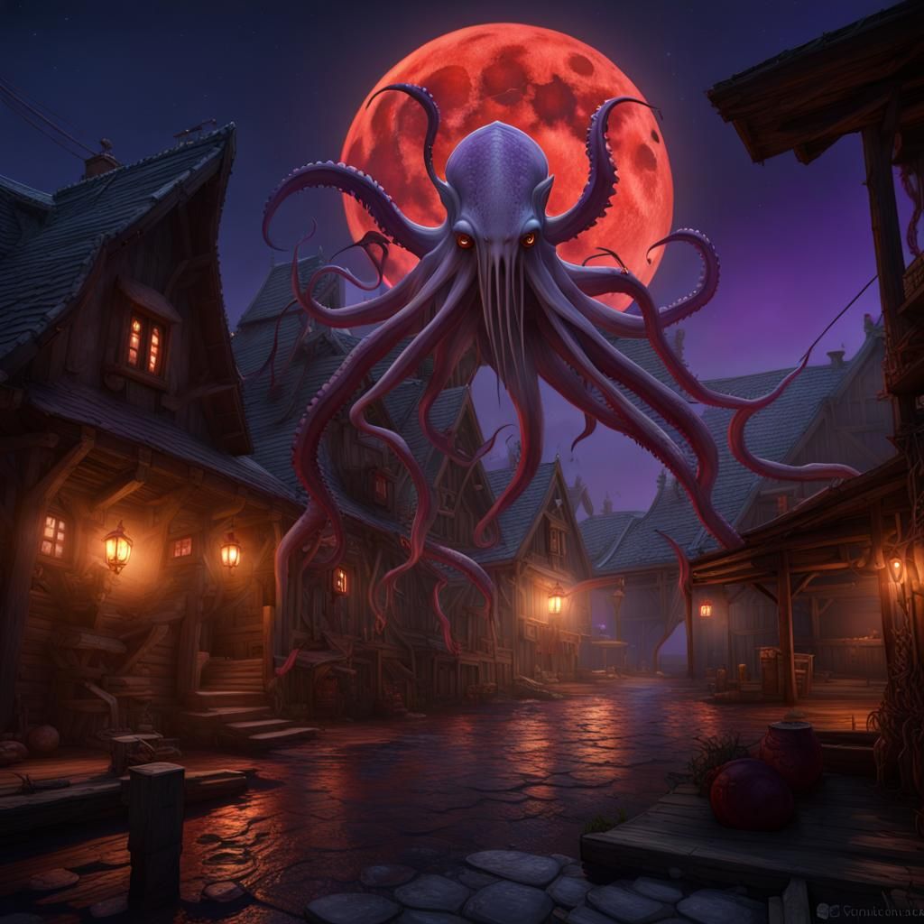 Giant Squid Over Hamlet in Dark Fantasy Style