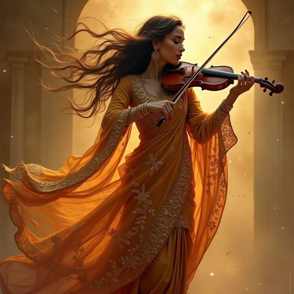 Elegant Woman Playing Violin in Art Nouveau Style