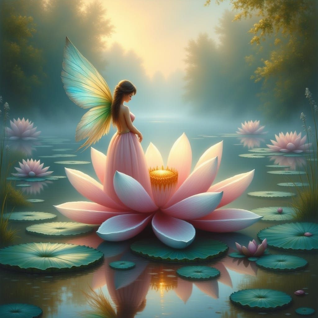 Fairy on Lotus Flower in Surreal Landscape