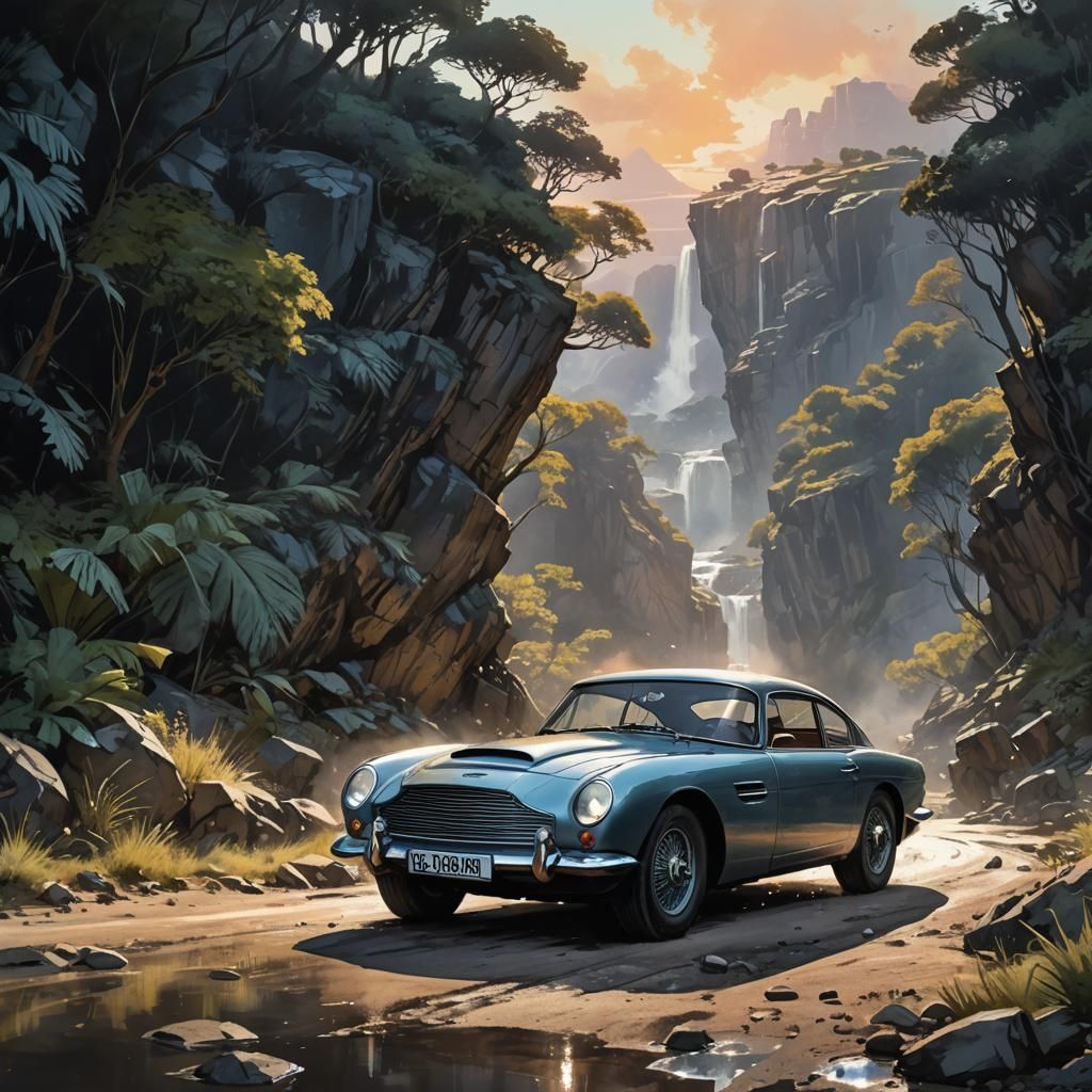 James Bond Car at Dawn: Watercolor Concept Art