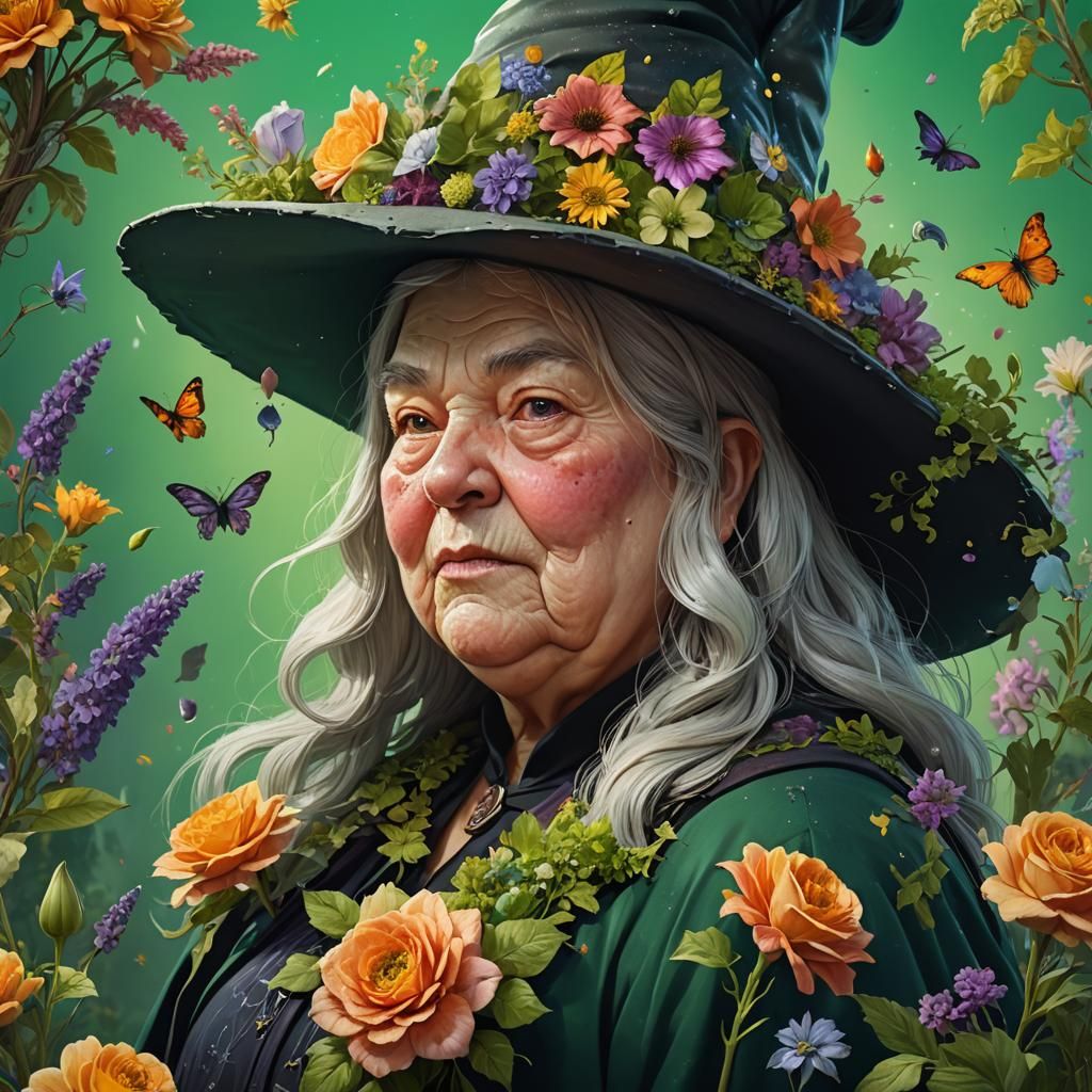 Hyperrealistic Witch with Green Magic and Flowers