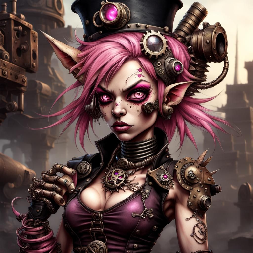 Steampunk Punk Rock Goblin Girl with Engine