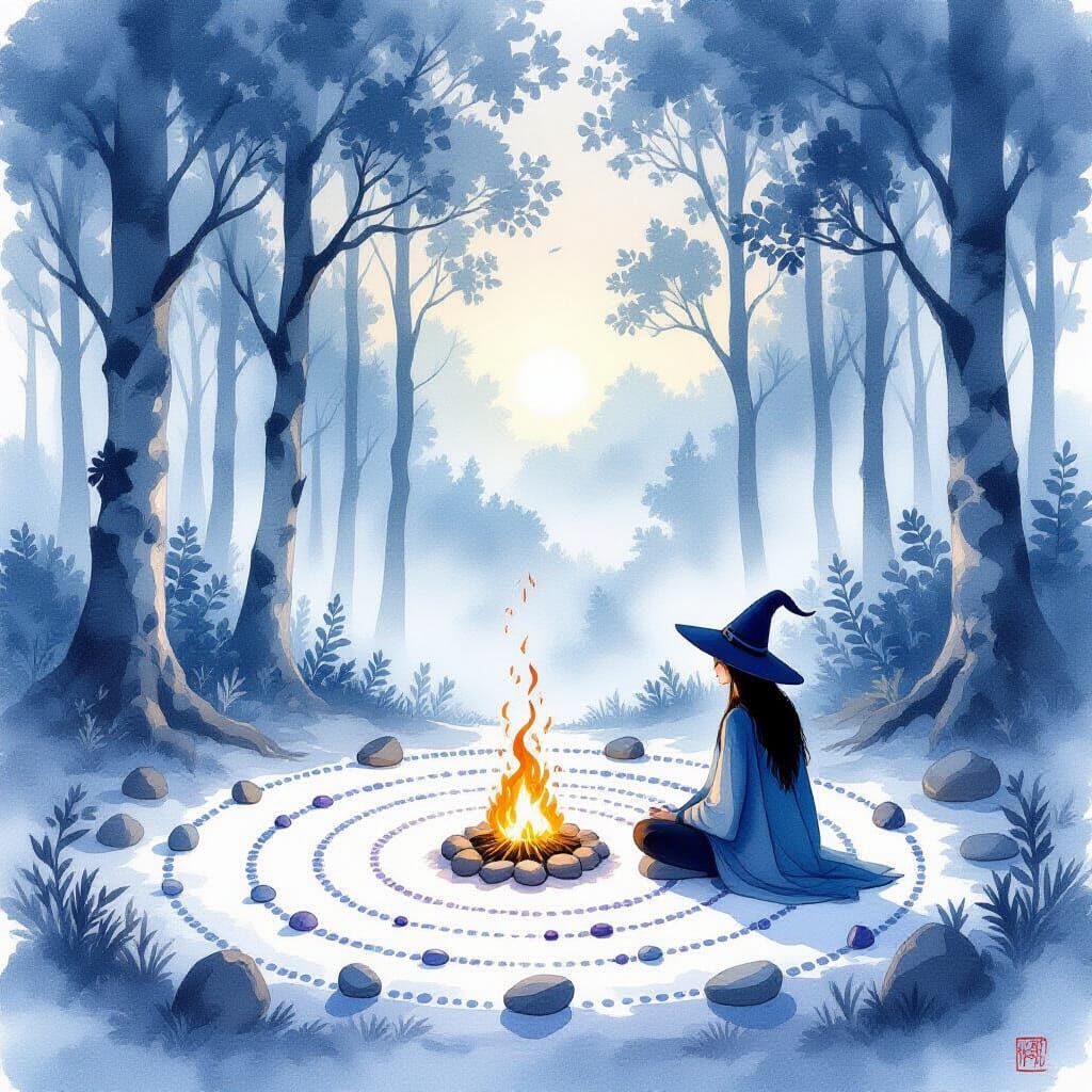 Mystical Forest Scene in Blue Sumi-e Style