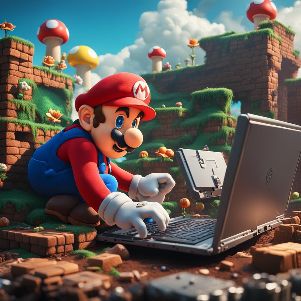 Mario Bros Repairing Laptop: Detailed Matte Painting