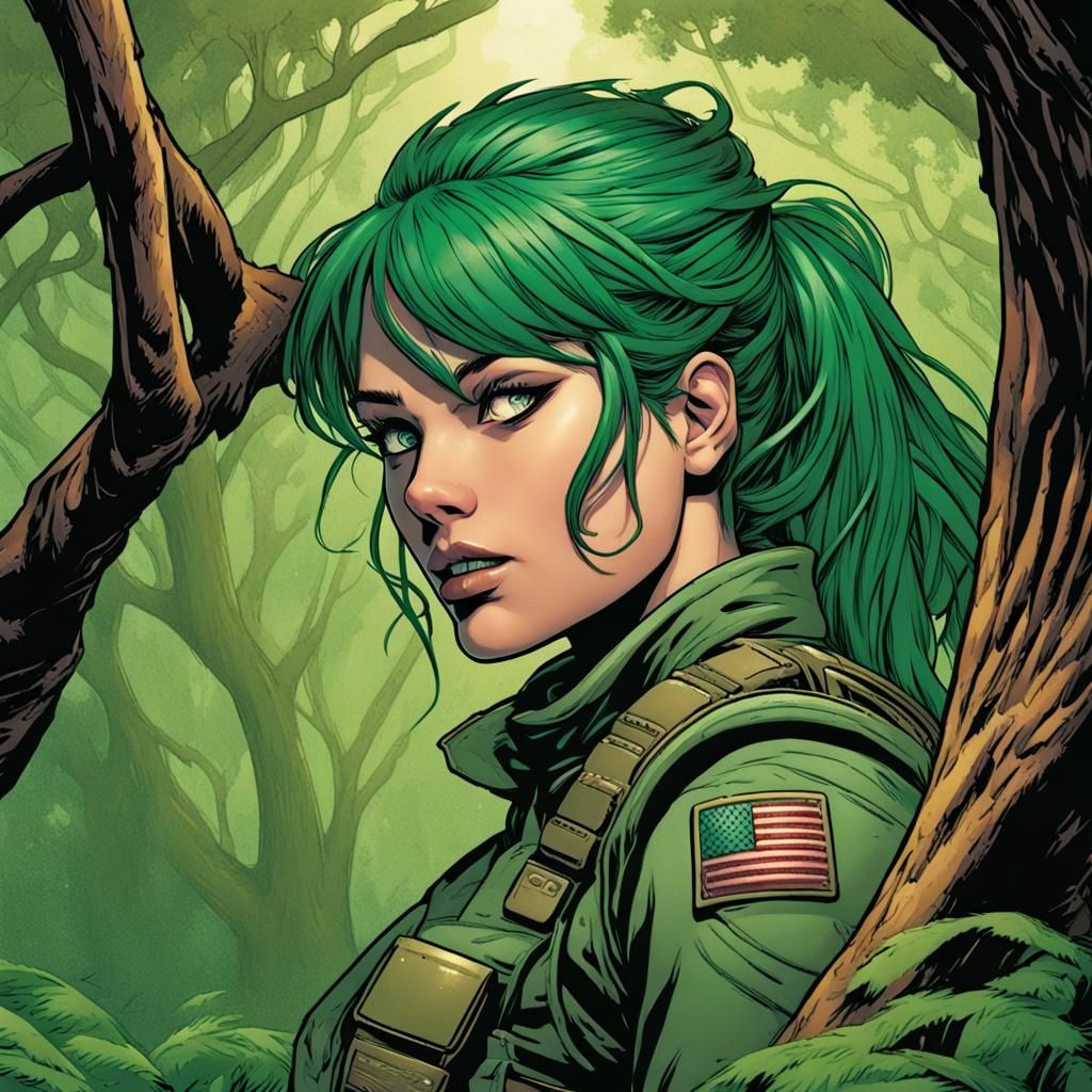 Green-Haired Soldier Hiding, Comic Book Art