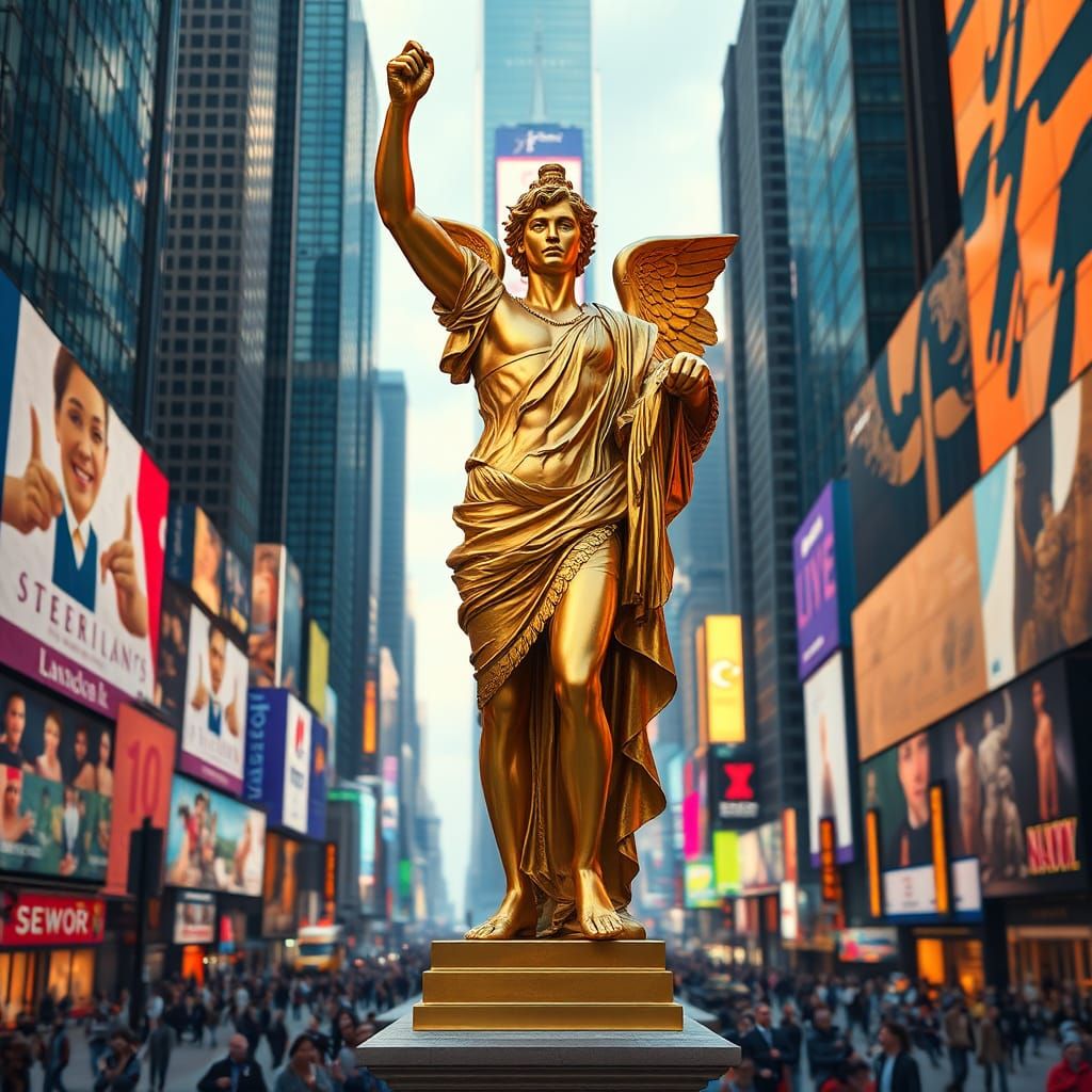 Hermes Statue Gleams in Times Square Fantasy Art