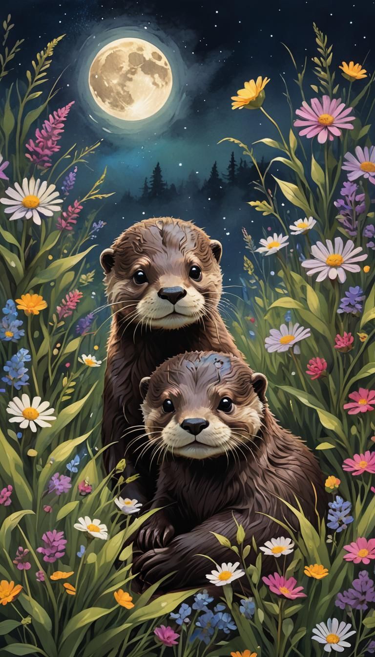 Baby Otter Sleeping in Moonlit Meadow: Anime Style