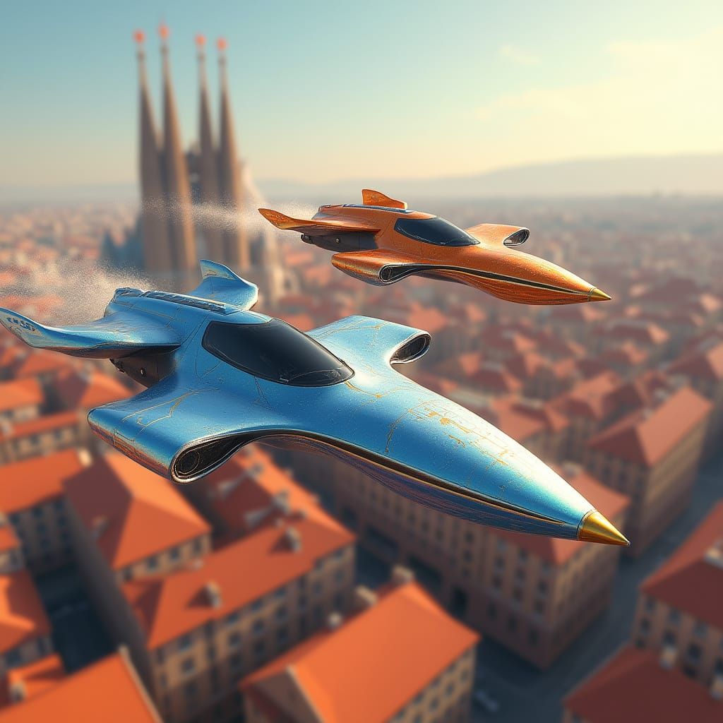 Sleek Flying Cars Soar Over Barcelona's Terracotta Roofs