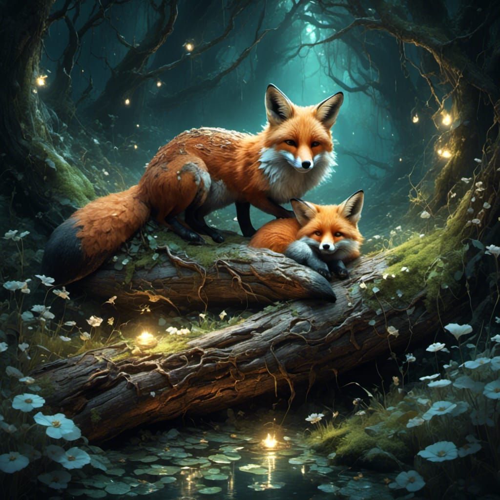Fox and Glowworms in a Hollow Log