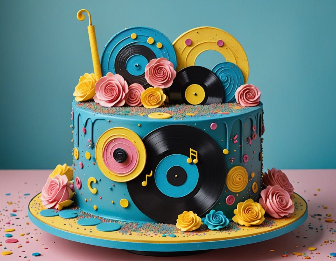 Whimsical Vinyl Record Birthday Cake in Vibrant Colors