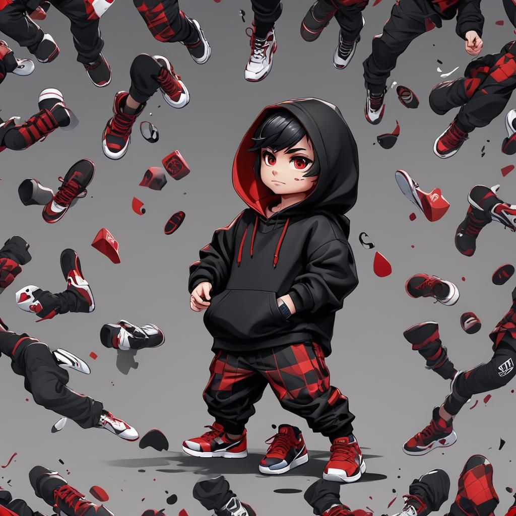 A chibi boy dressed in a black hoodie, red and black checkered pants and red and black Nike shoes