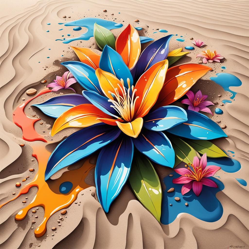 Lily Flowers in Sand as Graffiti Street Art