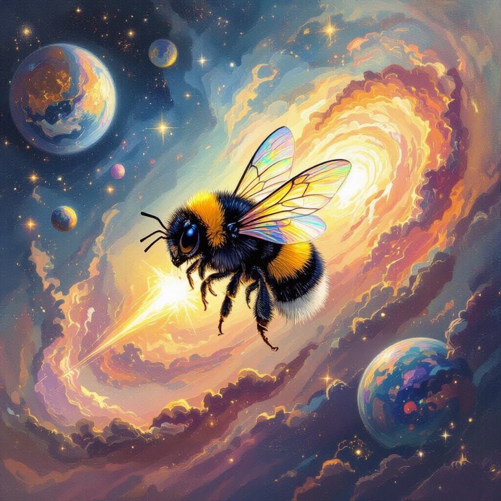 Bee in Jetpack Flies Through Nebula, Impressionist Style